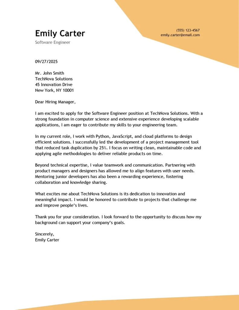 Modern Cover Letter For Software Engineer