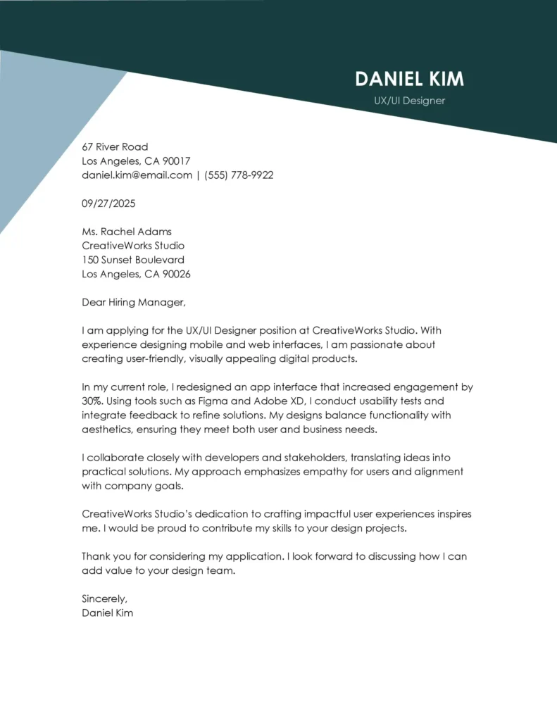Cover Letter Modern Ux Ui Designer