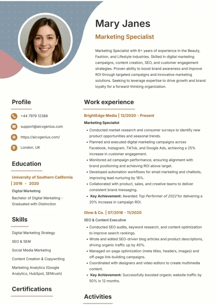 Modern Resume Templates That Get You Hired 2 Modern Resume Template - Marketing Specialist