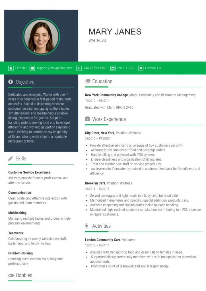Modern Resume Templates That Get You Hired 3 Modern Resume Template - Waitress