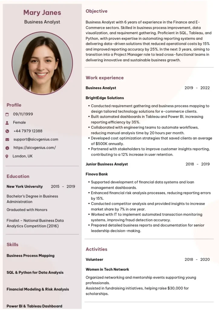 Professional Resume Template - Business Analyst