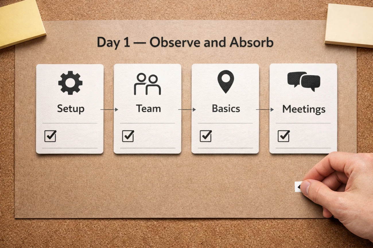 What To Do Your First Week Of A New Job (A 5-Day Checklist) 2 Day One Observe And Absorb Checklist Board