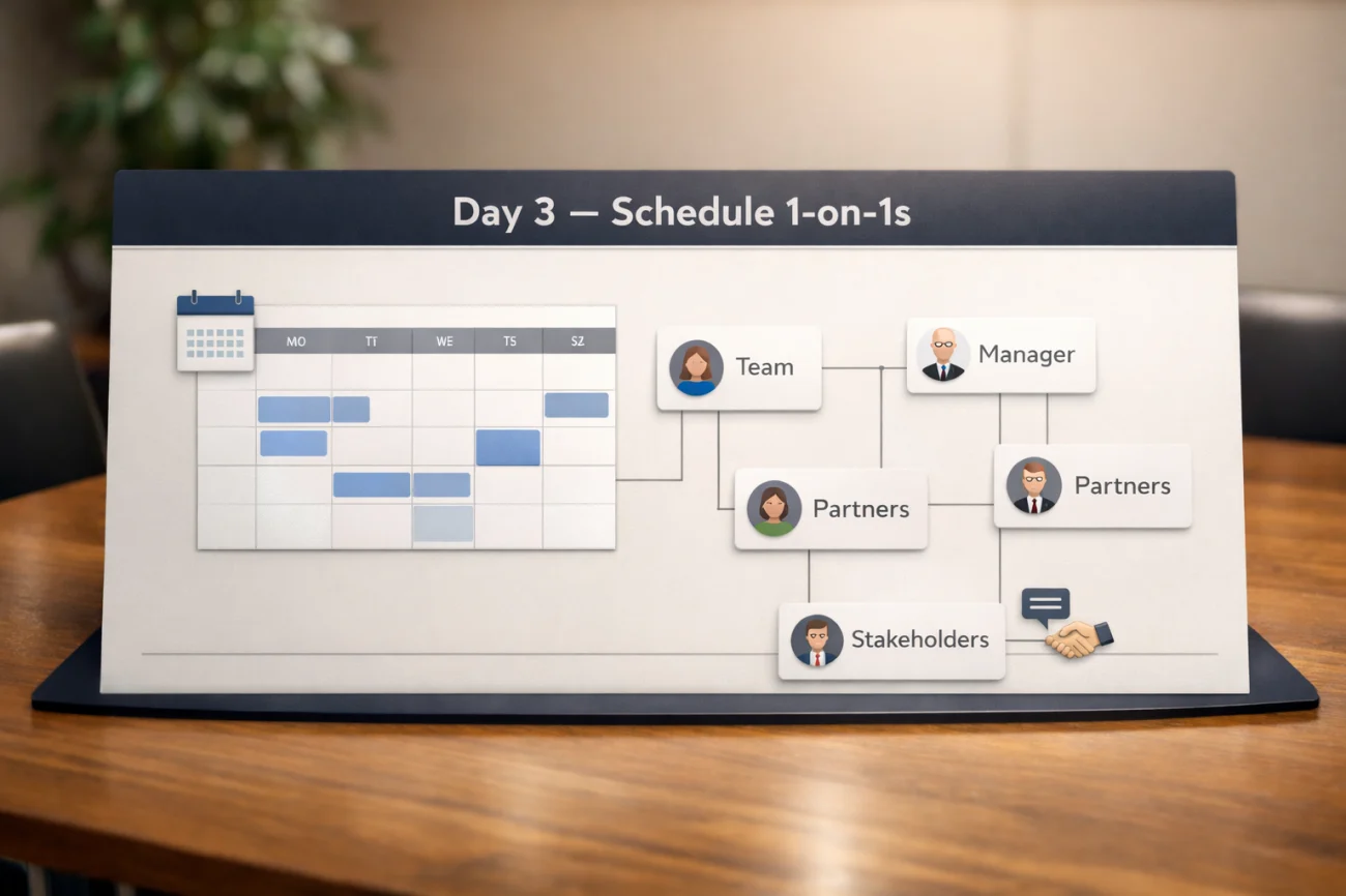 What To Do Your First Week Of A New Job (A 5-Day Checklist) 4 Day Three - Schedule One On Ones Mini Calendar Map