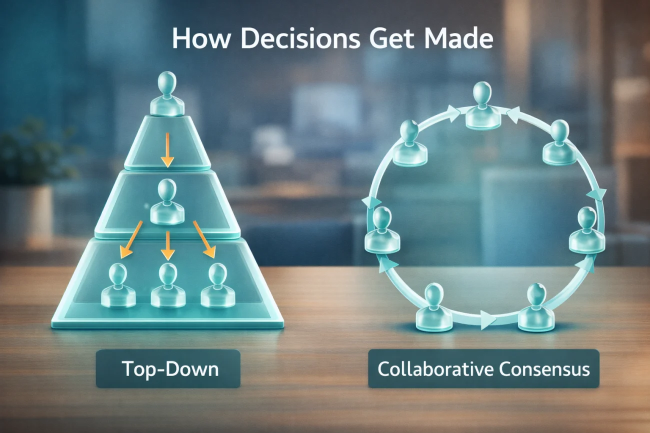 How To Understand Company Culture In Your First 30 Days 4 Decision Making Structures Hierarchy Vs Collaboration Diagram