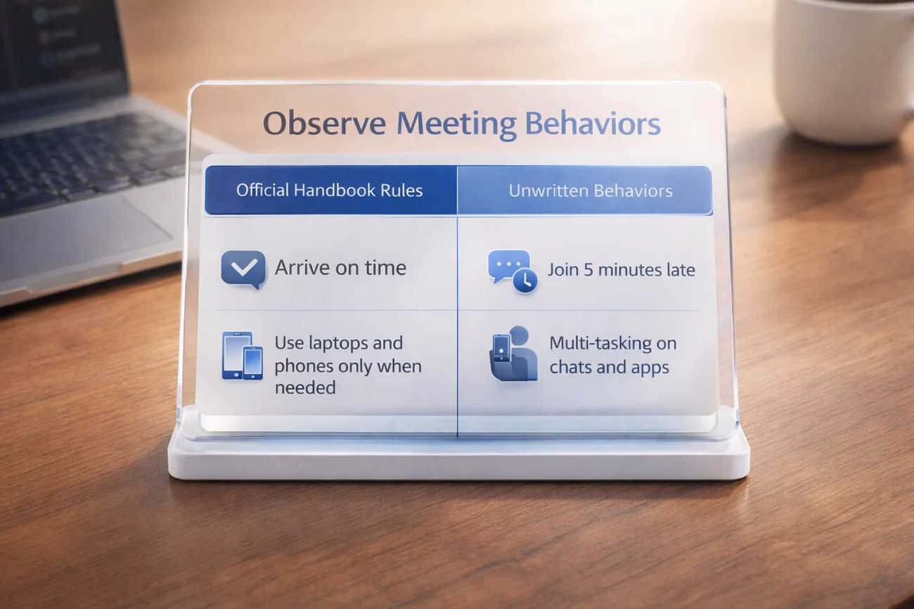 How To Understand Company Culture In Your First 30 Days 2 Meeting Etiquette Checklist Rules Vs Reality Comparison